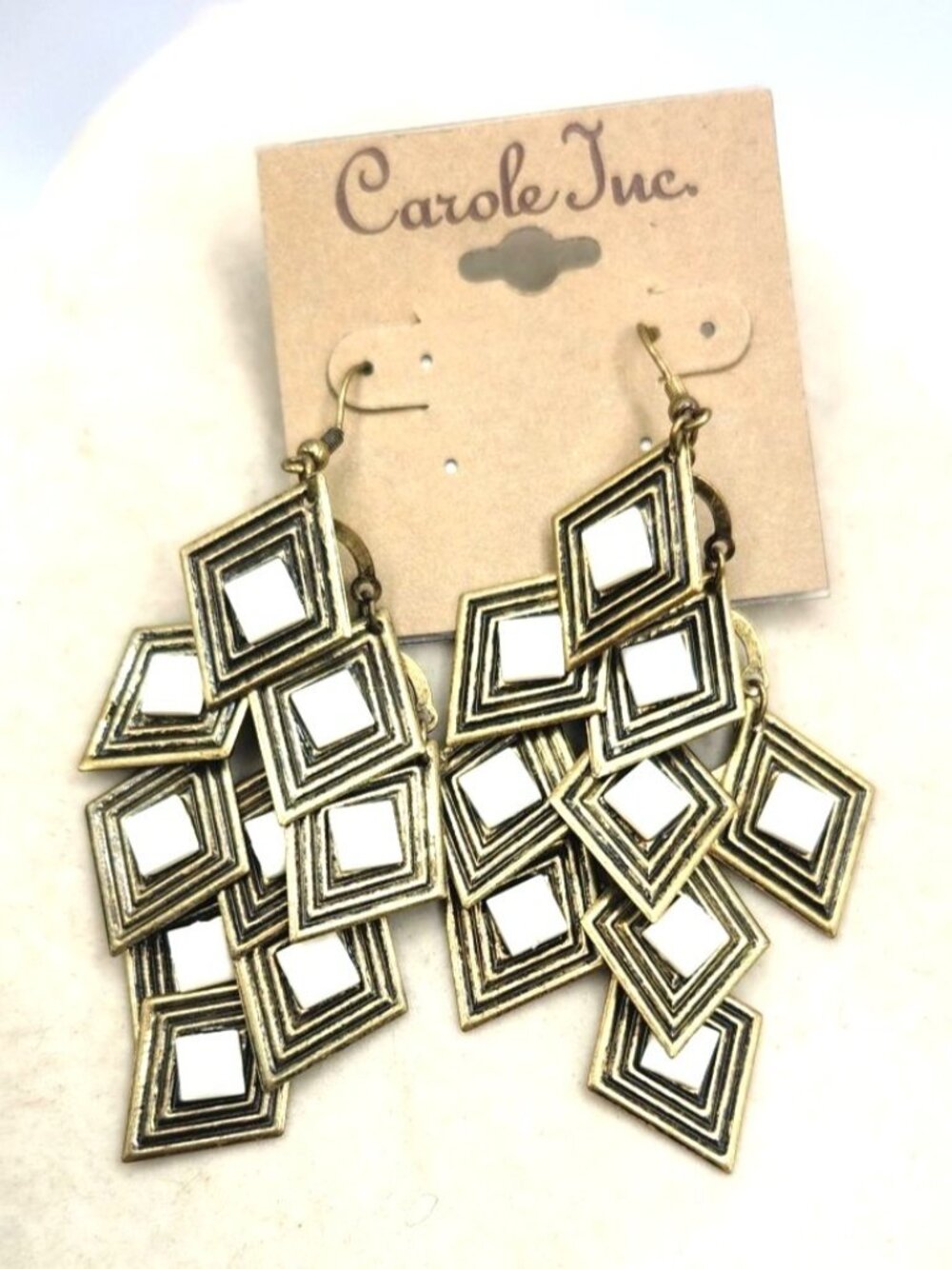 Carole Inc Dangle Earrings With Geometric Diamond Design In Gold & White